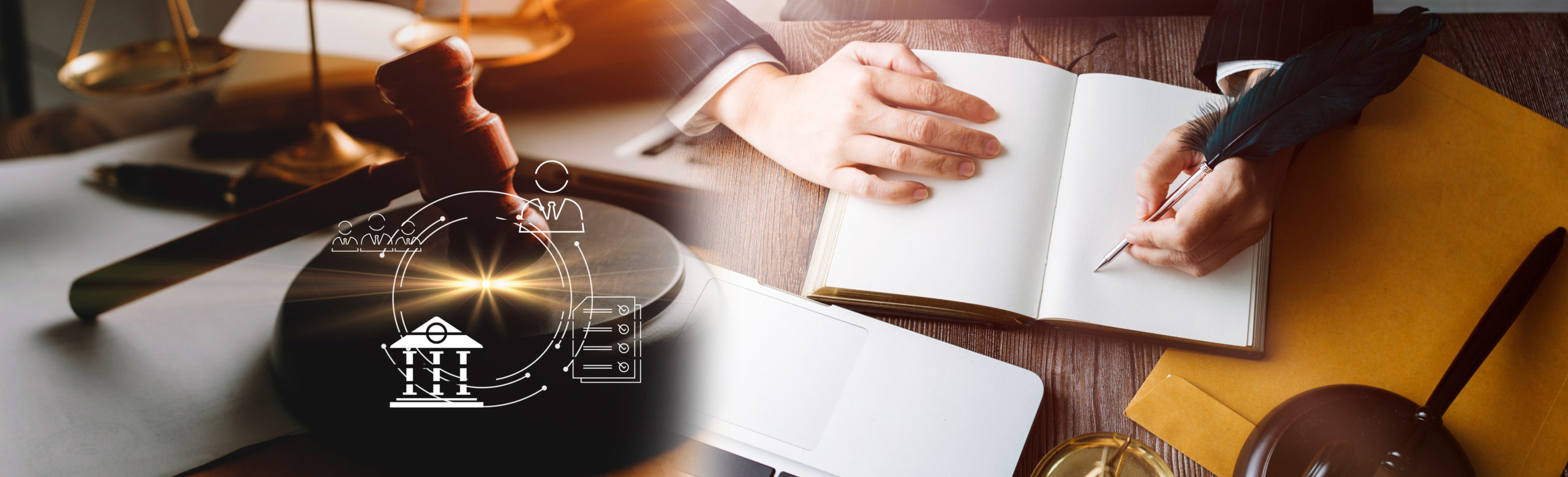 business and lawyers discussing contract papers with brass scale