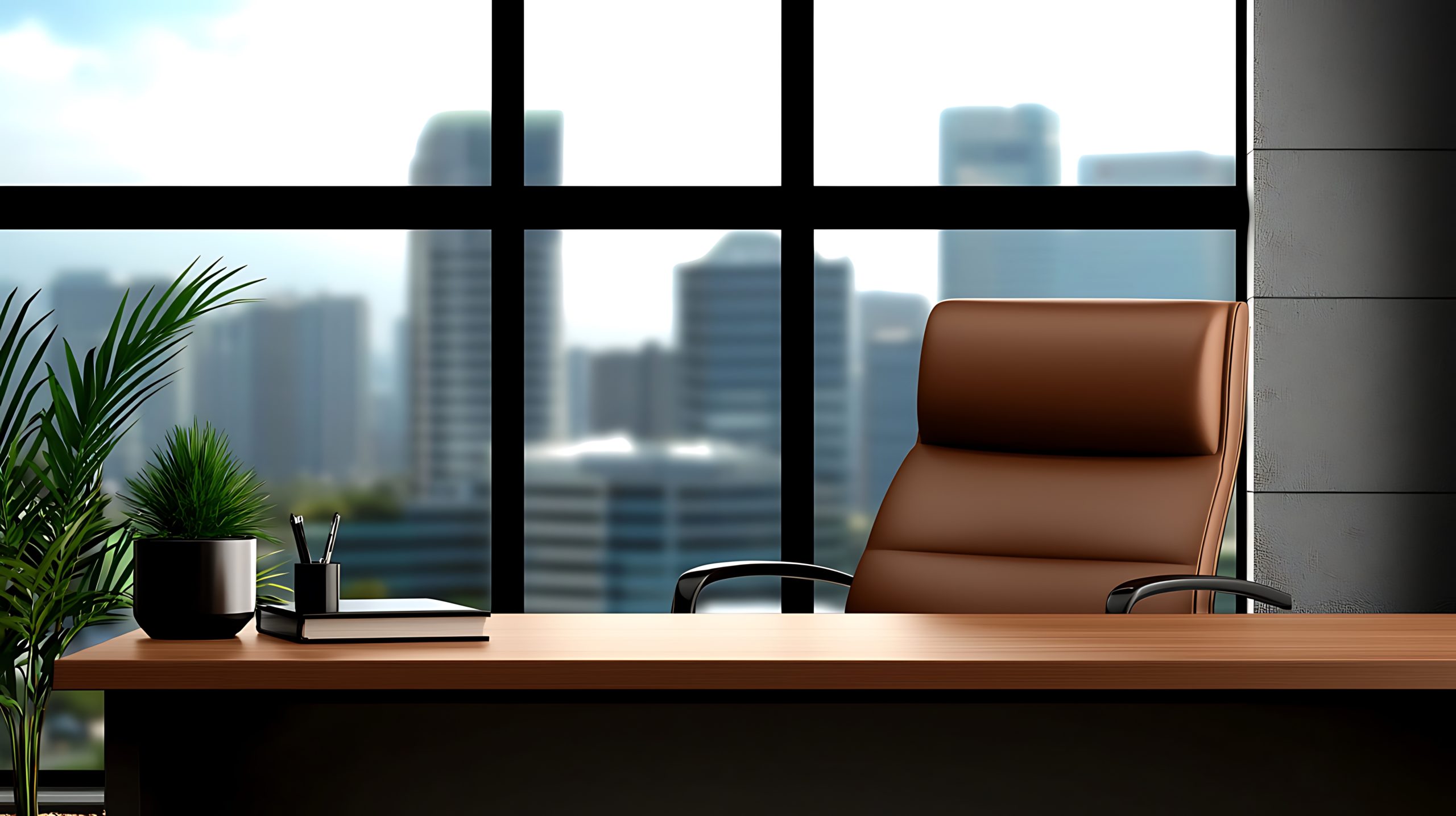 modern office interior with a brown chair, desk, and city skyline view through large windows